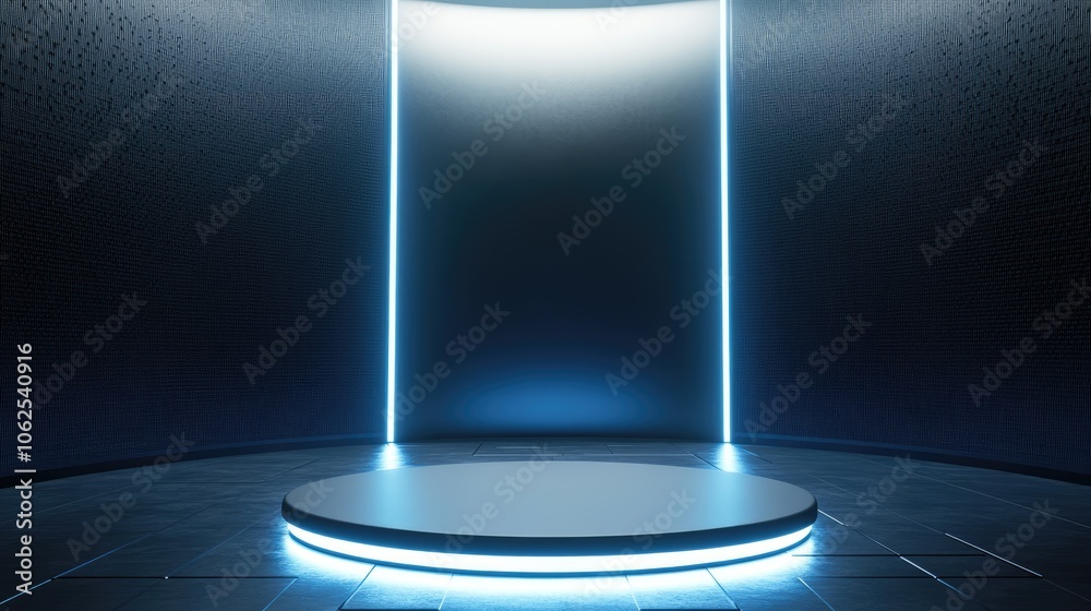 A Circular Platform Illuminated by Neon Blue Lights in a Dark Room A Circular Platform Illuminated by Neon Blue Lights in a Dark Room