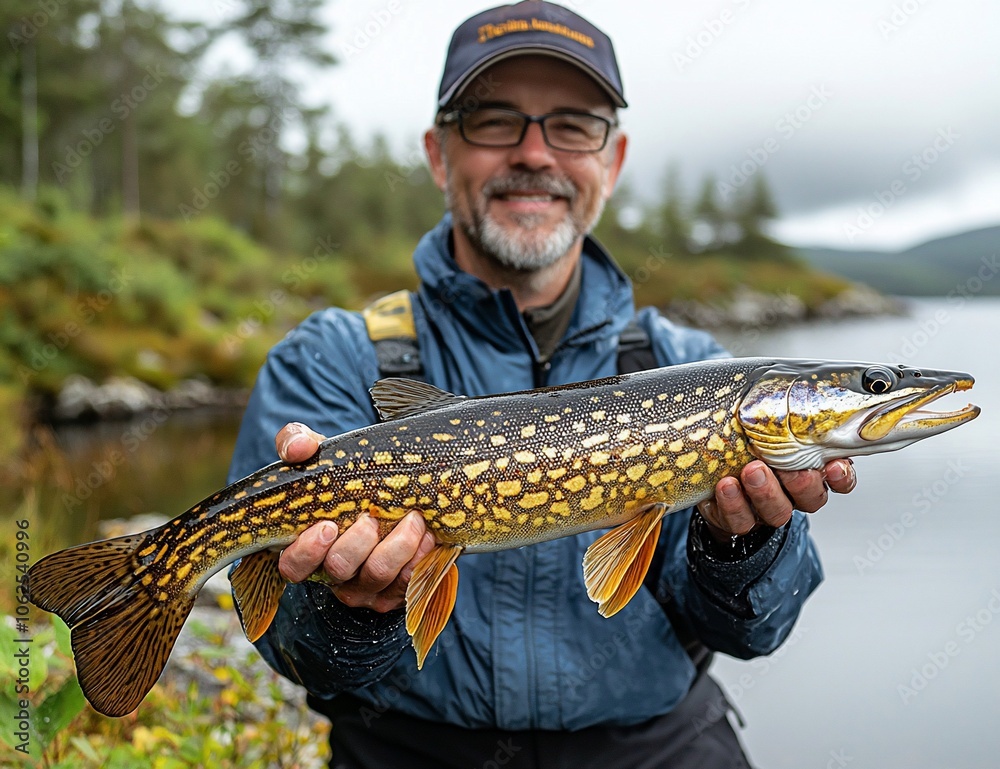 A man proudly holds a colorful fish by a serene lake. A man proudly holds a colorful fish by a serene lake.