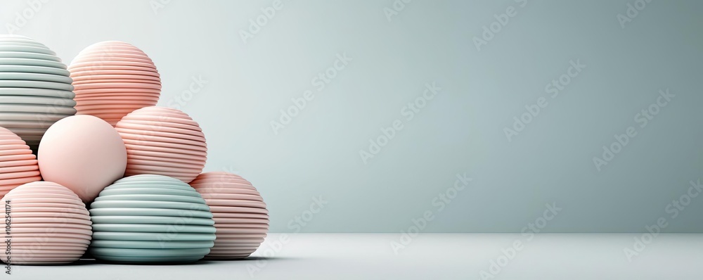 Fototapeta premium Colorful striped dessert balls arranged in a playful pyramid on a soft background.