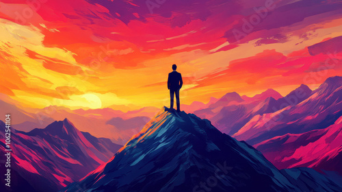 dynamic powerful scene of business professional standing on mountain peak, silhouetted against vibrant sunset. colorful sky and majestic mountains evoke sense of achievement and inspiration