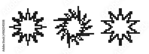 Pixelated stars and snowflakes element set. Black 8-bit pixel art collection. Retro binary sparkle, shine, burst, glitter geometric form pack. Y2K style pixels icon bundle. Vector illustration