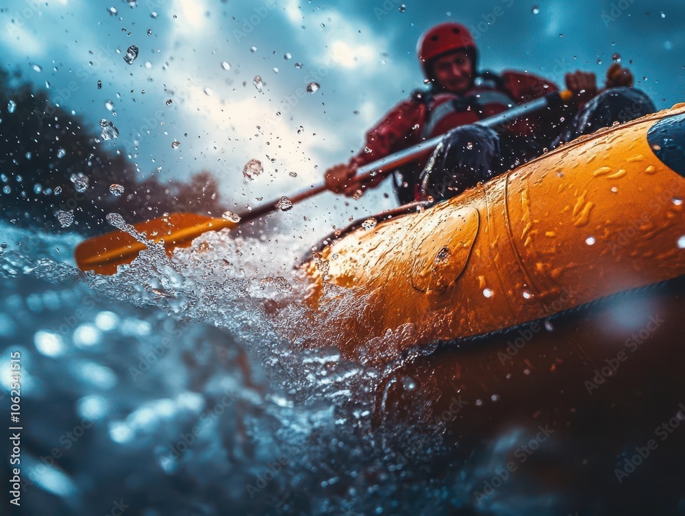 Fototapeta premium River rafting experience with vibrant rapids, dynamic energy, soft lighting, adventure vibe, photo-realism