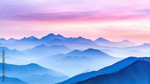 Serene mountain landscape during sunset with soft pastel colors and misty atmosphere. photo