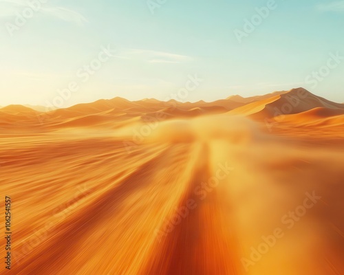 Road trip through the desert with vibrant sand dunes, soft lighting, dynamic movement, high contrast, realism