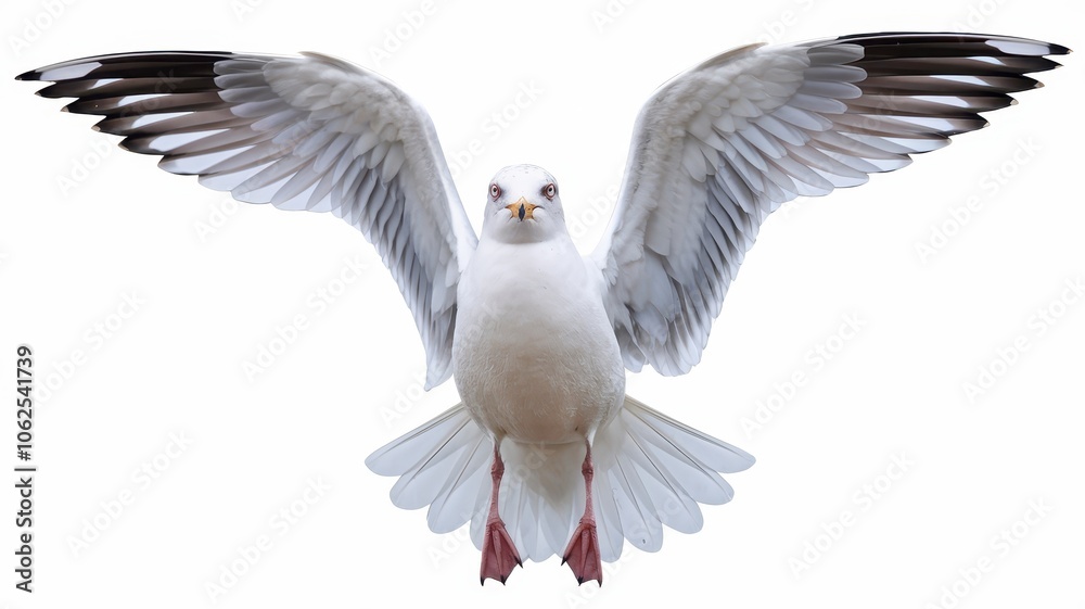 Fototapeta premium Seagull with Black Wingtips in Mid-Flight, Wings Fully Spread Wide