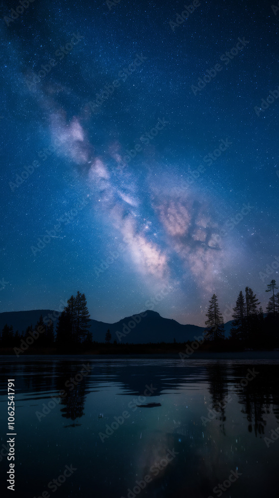 Starry Milky Way over tranquil lake at night. Deep Space photography. Starry Milky Way over tranquil lake at night. Deep Space photography.
