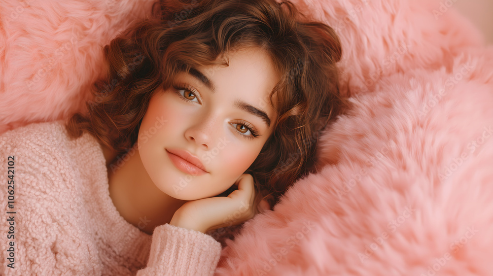 A young woman with curly hair rests her head on her hand while lounging on a soft pink fur cushion. The warm color scheme creates a relaxed and inviting atmosphere. A young woman with curly hair rests her head on her hand while lounging on a soft pink fur cushion. The warm color scheme creates a relaxed and inviting atmosphere.