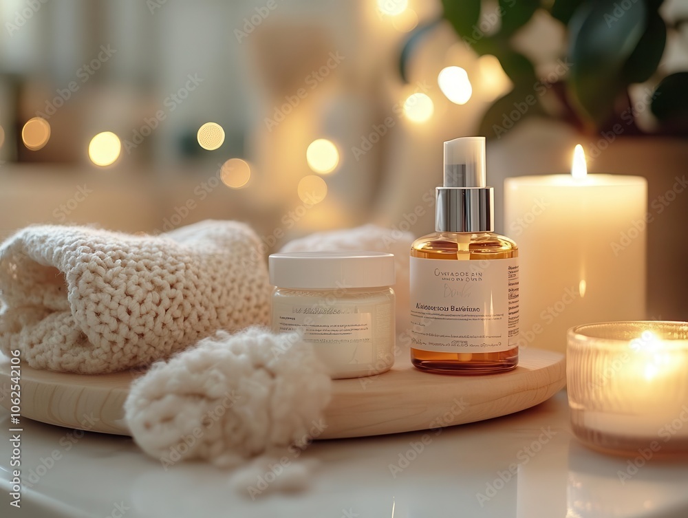 Self-care Sunday with vibrant skincare products, soft lighting, cozy home setting, relaxing atmosphere, realism Self-care Sunday with vibrant skincare products, soft lighting, cozy home setting, relaxing atmosphere, realism