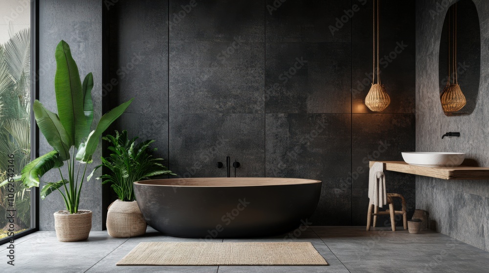 A bathroom with a large bathtub, a mirror, and a potted plant A bathroom with a large bathtub, a mirror, and a potted plant