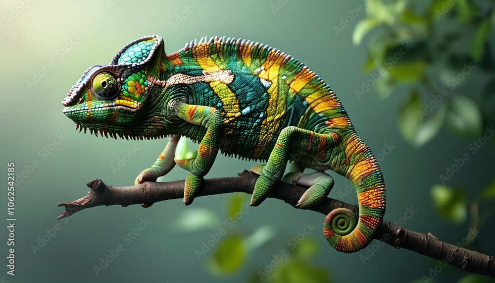 Fototapeta premium Green Chameleon Perched on a Branch with Soft Natural Blur Background