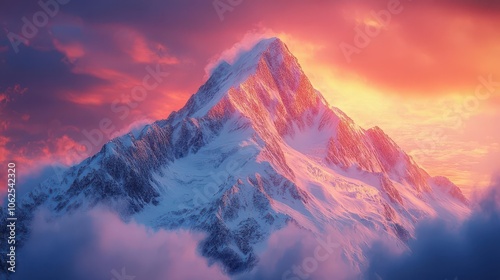 Snow-covered mountain peak with vibrant sky, soft lighting, sharp details, serene atmosphere, realism