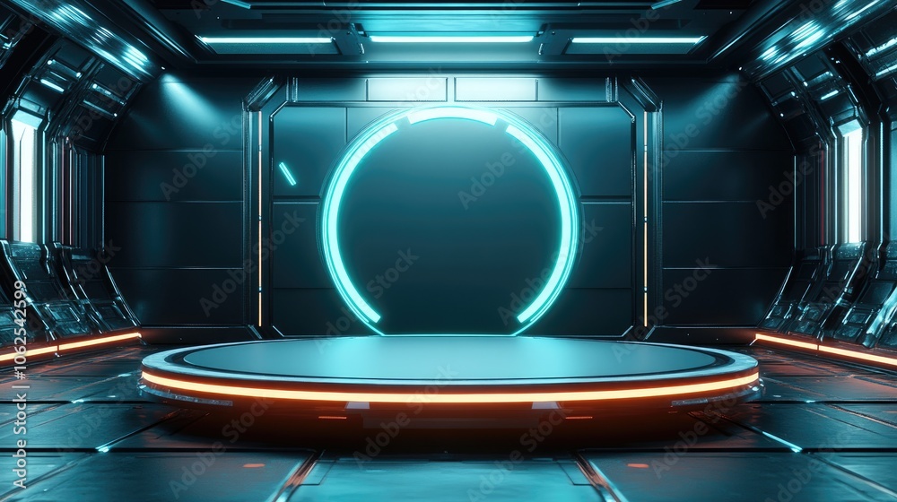 Fototapeta premium Futuristic Sci-Fi Stage with Neon Lights and Circular Portal