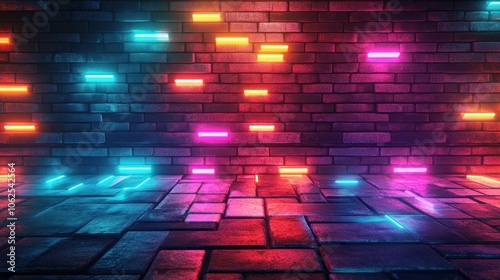 brick wall pattern background with colorful futuristic neon lights. generative ai
