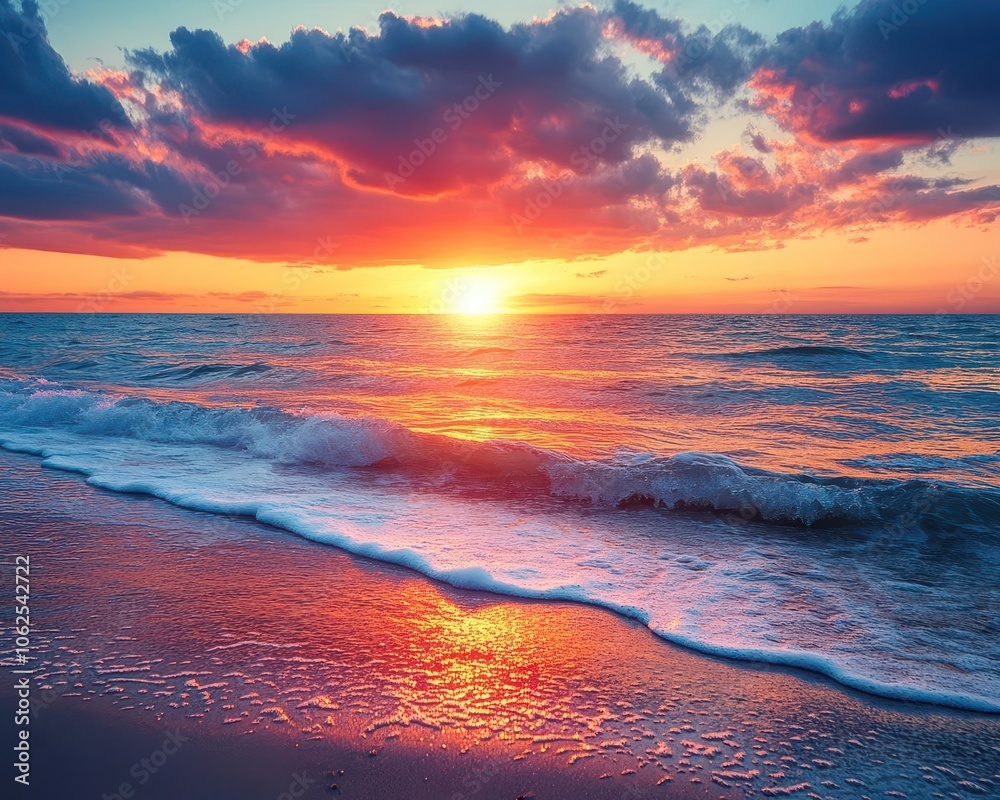 Sunset on the beach with vibrant colors, soft lighting, serene atmosphere, ocean waves, dynamic sky Sunset on the beach with vibrant colors, soft lighting, serene atmosphere, ocean waves, dynamic sky