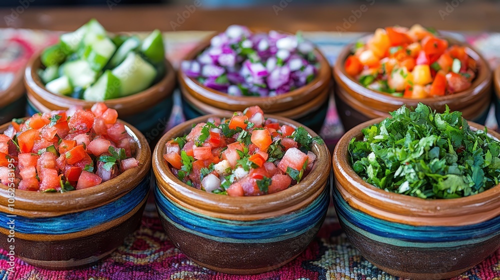 Vibrant and colorful salsa bowls filled with fresh ingredients. Vibrant and colorful salsa bowls filled with fresh ingredients.