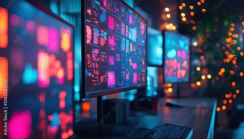 Virtual collaboration software with vibrant screens, sleek design, soft lighting, high-tech business atmosphere Virtual collaboration software with vibrant screens, sleek design, soft lighting, high-tech business atmosphere