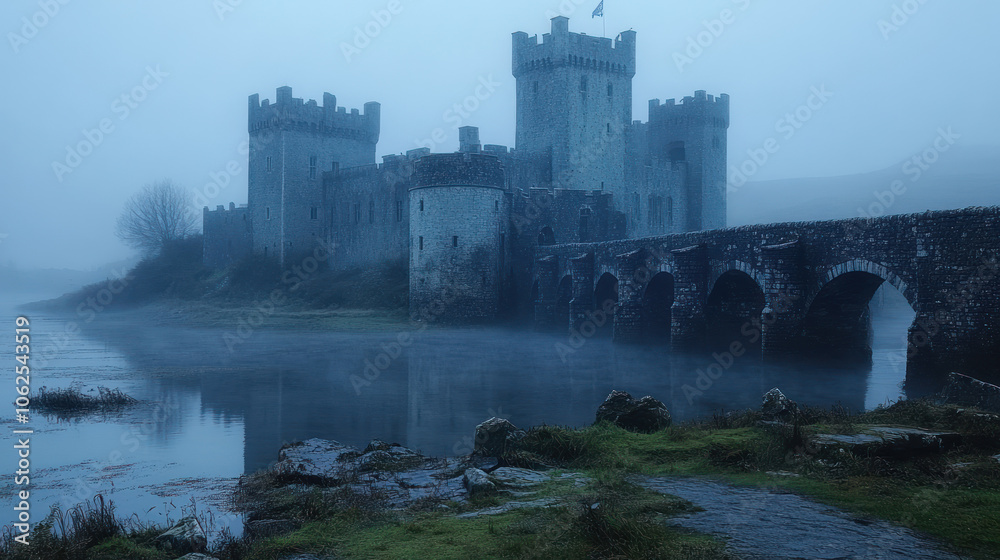 Misty Castle Surrounded by Serene Waters Misty Castle Surrounded by Serene Waters