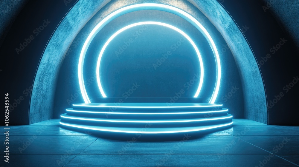 Fototapeta premium Blue Neon Lights Illuminating a Circular Platform in an Abstract Room