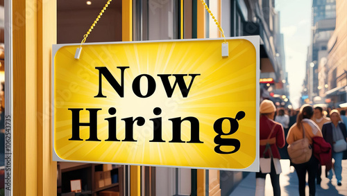 Now Hiring sign in busy urban setting, attracting job seekers with its bright yellow color and bold text. scene conveys opportunity and excitement photo