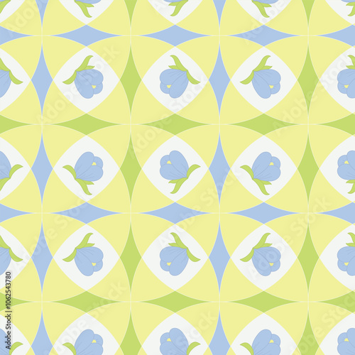 Pastels of Yellow Blue Lime Green and White in a Geometric Tile Design creating a seamless pattern print background
