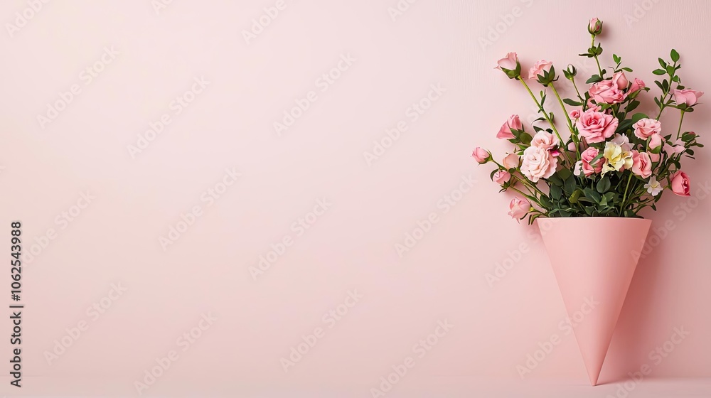 Beautiful bouquet of pink flowers in a modern cone vase on a soft pastel background. Beautiful bouquet of pink flowers in a modern cone vase on a soft pastel background.
