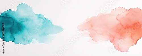 Abstract watercolor shapes in blue and red on a clean white background.