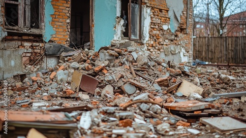 The rubble and debris on the ground of an abandoned building symbolically represent decay and time.