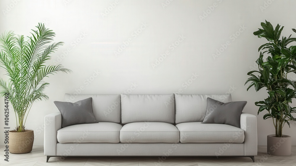 A white couch with a green plant in a basket on the floor A white couch with a green plant in a basket on the floor