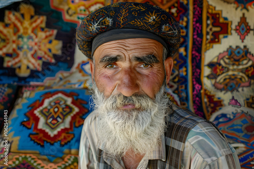 A portrait of an elderly man with a beard, set against colorful textiles.