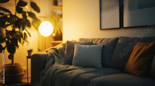 A cozy living room with a couch, a lamp, and a potted plant