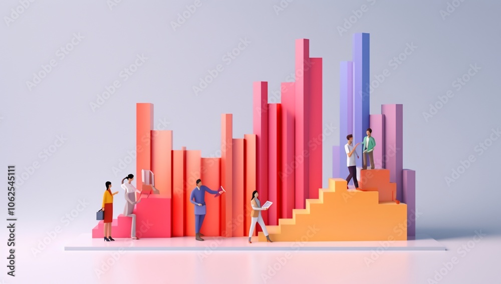 Colorful bar graph with figures representing data analysis and teamwork. Colorful bar graph with figures representing data analysis and teamwork.