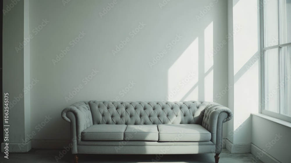 A gray couch is sitting in a room with a white wall and a window A gray couch is sitting in a room with a white wall and a window