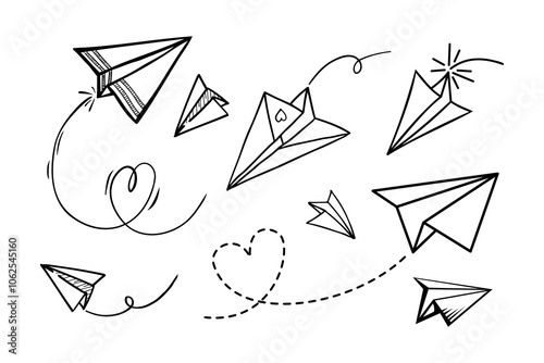 Set of doodle paper plane icon. Hand draw paper airplane.