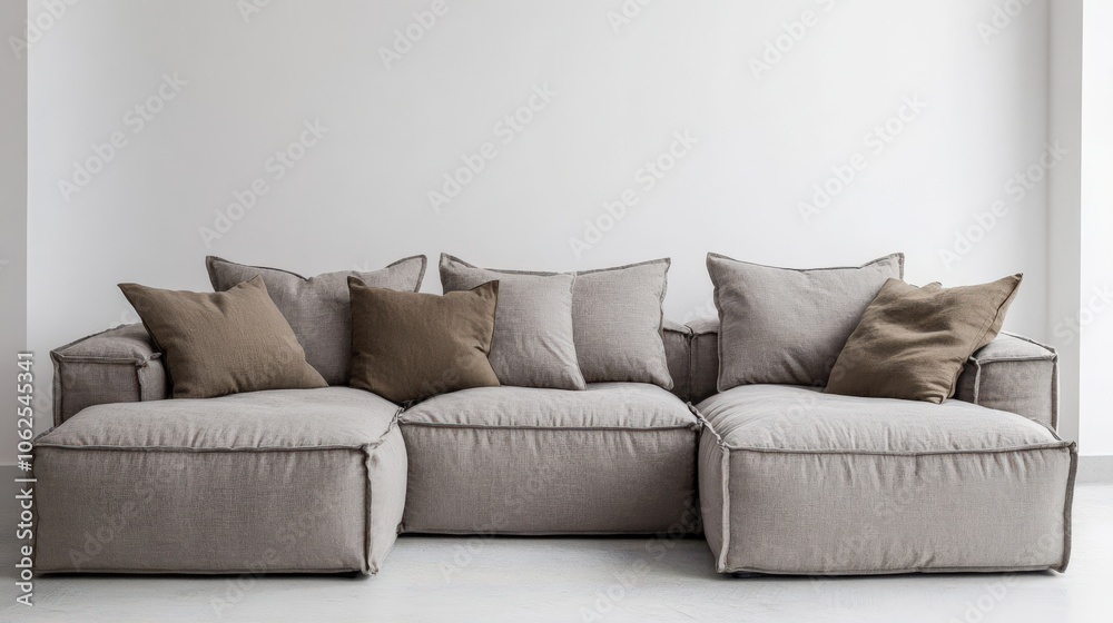 A gray sectional sofa with brown pillows and a white wall behind it A gray sectional sofa with brown pillows and a white wall behind it