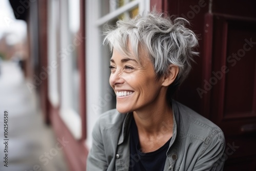 Portrait of a middle-aged woman with short gray hair smiling outdoors