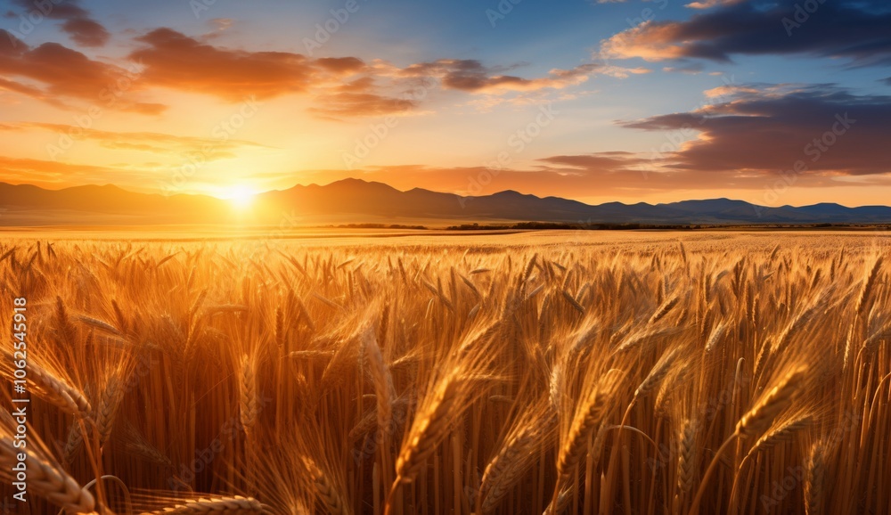 Golden wheat field under a vibrant sunset sky. Golden wheat field under a vibrant sunset sky.
