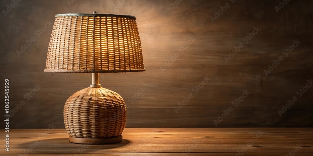 Obraz premium Wicker lamp on wooden base with brown shade and glowing light