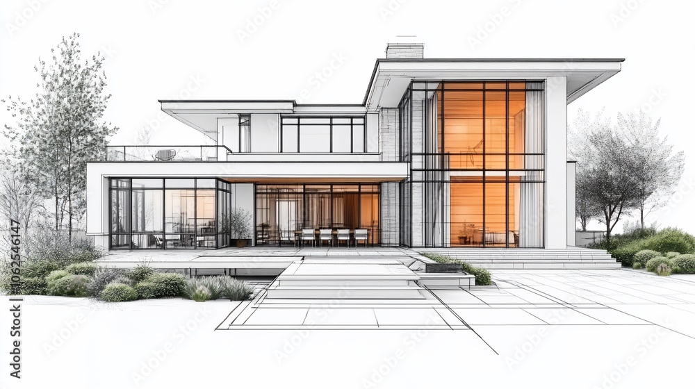 Architectural rendering of a modern, two-story house with large windows and a spacious backyard. Architectural rendering of a modern, two-story house with large windows and a spacious backyard.