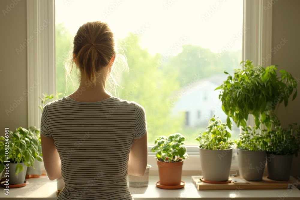 Woman Working by Window with Indoor Plants