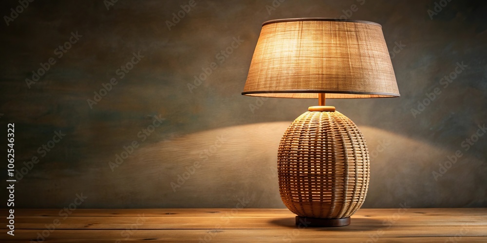 Obraz premium Wicker lamp on wooden base with brown shade and light