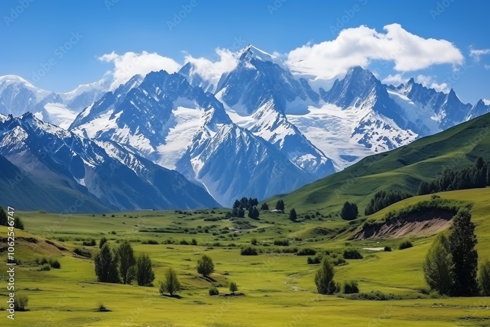 Majestic mountains rise above a lush green valley under a blue sky. Majestic mountains rise above a lush green valley under a blue sky.
