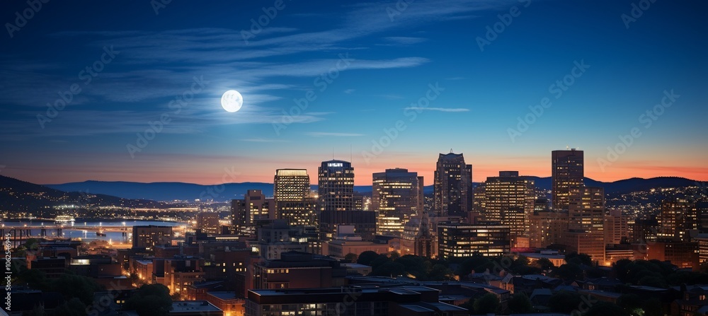Obraz premium Night skyline view with a full moon over a cityscape.