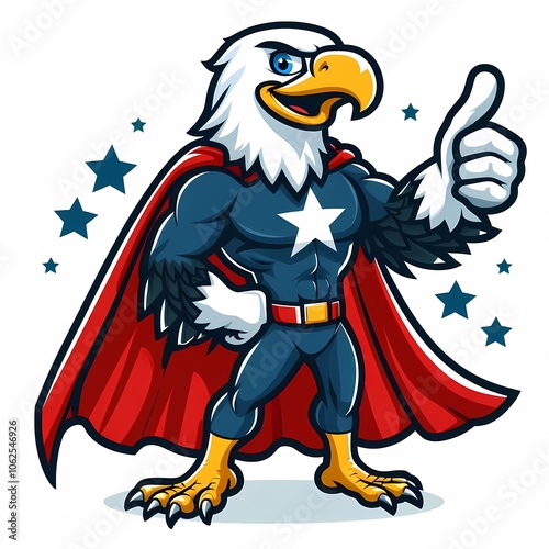 A muscular cartoon eagle wearing a red cape and a superhero costume. photo