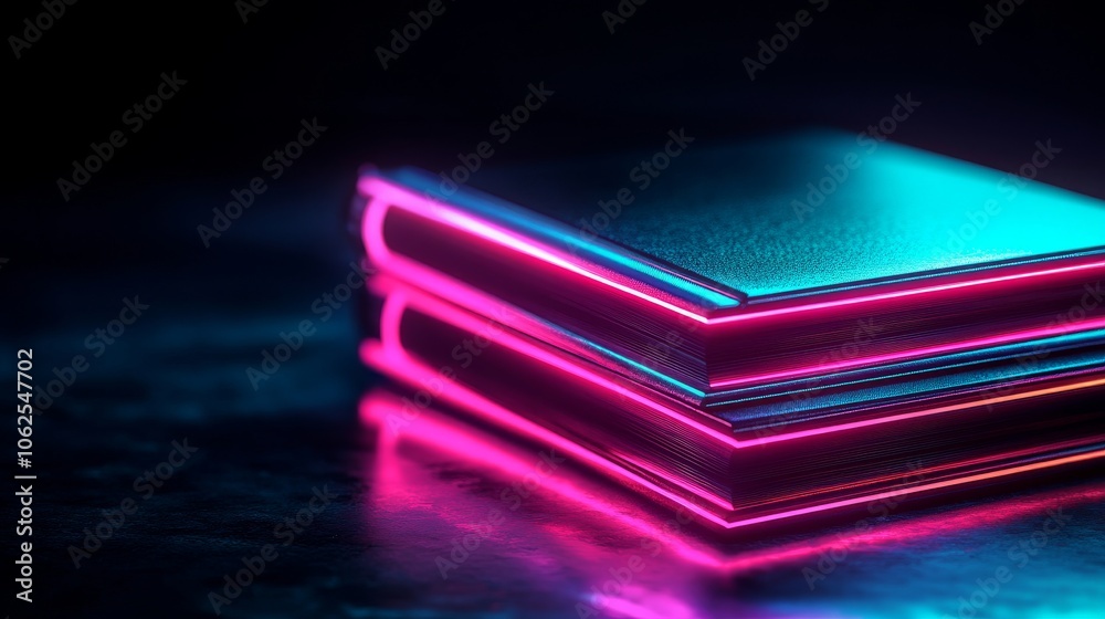 Stylish neon books stacked on a dark background, vivid light effects. Stylish neon books stacked on a dark background, vivid light effects.