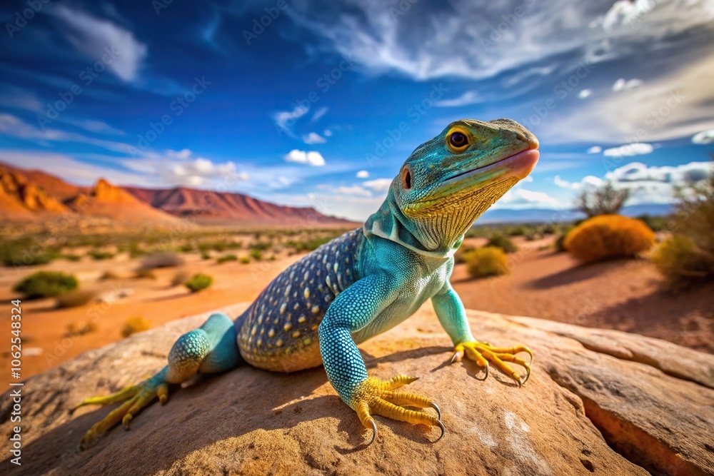 Fototapeta premium Wide angle shot of a blue collared lizard in the southeastern Utah desert