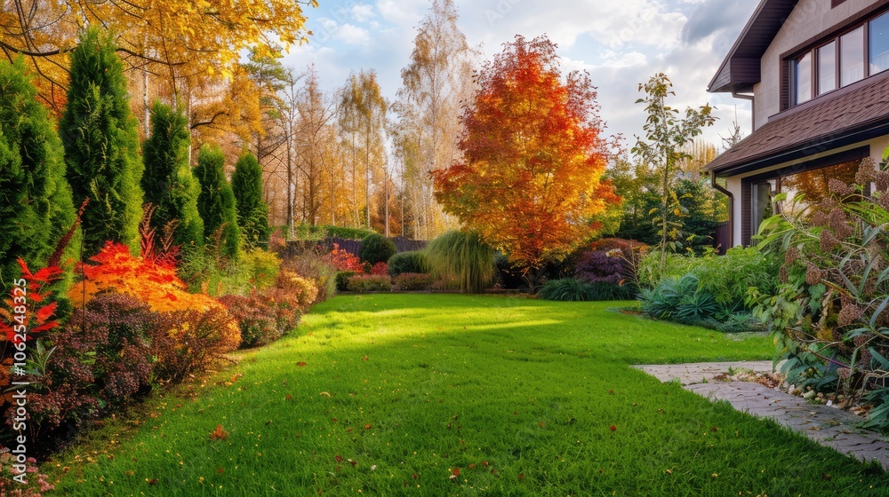 Naklejka premium Autumn Garden Landscaping with Green Lawn and Decorative Shrubs.