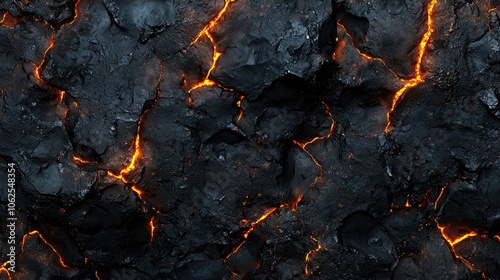 Glowing Lava Cracks in Dark Volcanic Rock