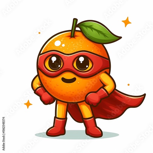 A cartoon orange wearing a red cape and a superhero costume. photo