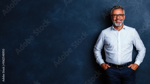 Confident businessman standing against a dark textured wall, casual yet professional look.