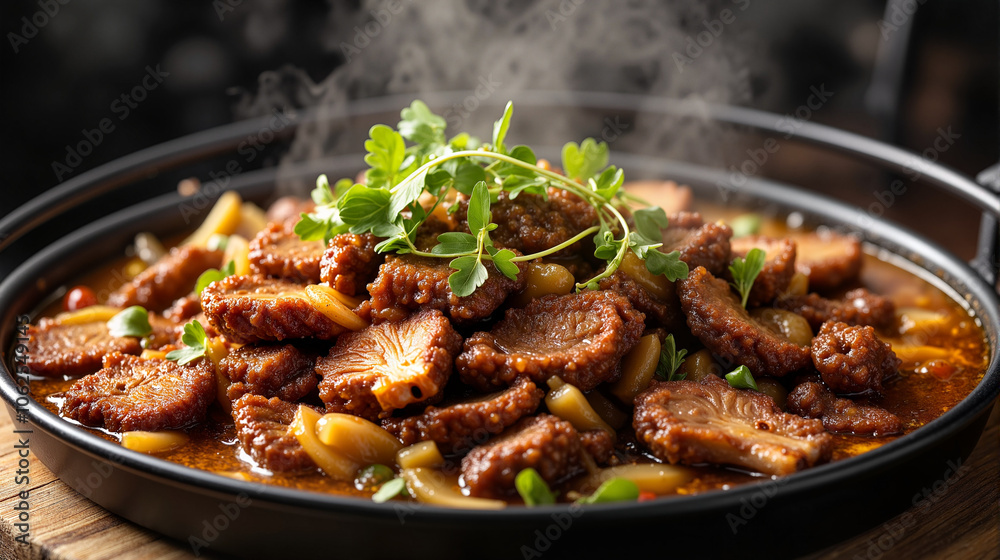 Steaming hot meat stew with vegetables and herbs Steaming hot meat stew with vegetables and herbs